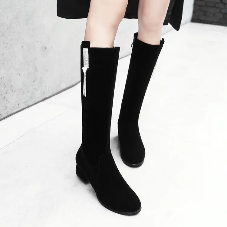 

Big Size 9 10 11 Round head pure salad zipper water drill fringed thick-heeled boots
