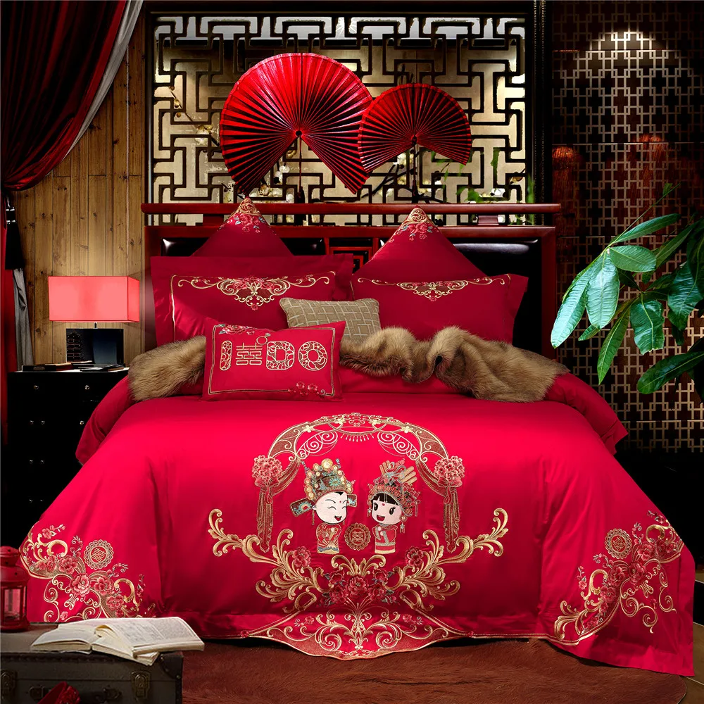 Cotton Red Color Chinese Wedding Bedding Set With Gifted Scholars and Beautiful Ladies
