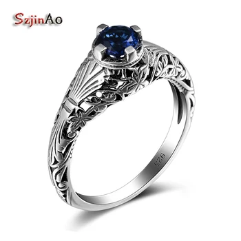 

Szjinao Charming Blue Sapphrie Ring Vintage Druzy Wedding Engagement Jewelry Solid 925 Sterling Silver Brand Women accessories