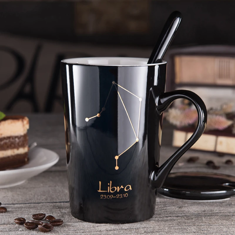 

12 Constellations Black And Gold Bone China Porcelain Coffee Milk Mug With Stainless Steel Spoon Zodiac ceramic cup 400ML