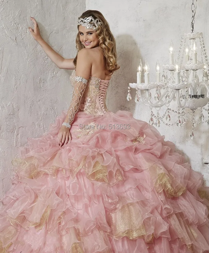 Luxuirous Sweetheart With Flowers And Ruffles Hot Pink Gold Lace Up Luxuirous Sweetheart With Flowers And Ruffles Hot Pink Gold Lace Up Ball Gown Princess Quinceanera Dresses 2017 Crystal Beading In From