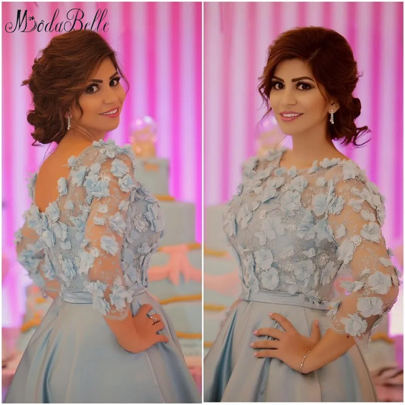 Baby Blue 3D Flower Formal Party Dress Three Quarter Sleeves Tea Length Evening Party Dress Lace Vintage 2017 Abendkleider_