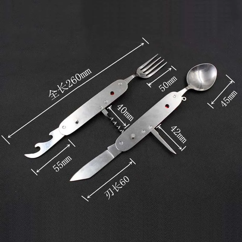 Nueva llegada plegable portátil de acero inoxidable cubiertos cuchillo tenedor cuchara deportes al aire libre Camping Picnic viaje vajilla Kits
