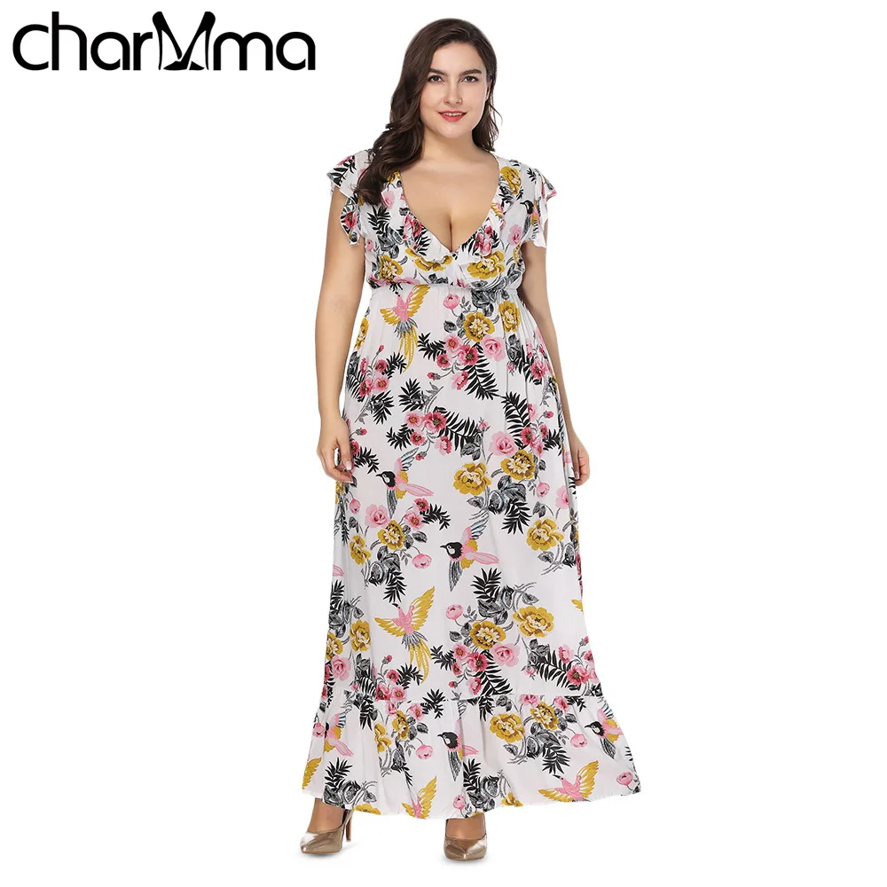 

Plus Size Ruffle Women Maxi Dress 2018 Sexy Plunge Neck Short Sleeve Floral Print Summer Sundress Big Size Women Dresses 6XL 7XL