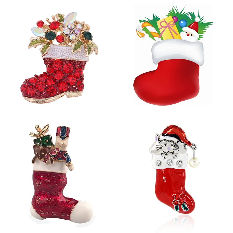 

2017 Christmas Santa Boots Socks Red Rhinestones Brooches Cartoon elk bear mouse with hat Brooches for Xmas Gift