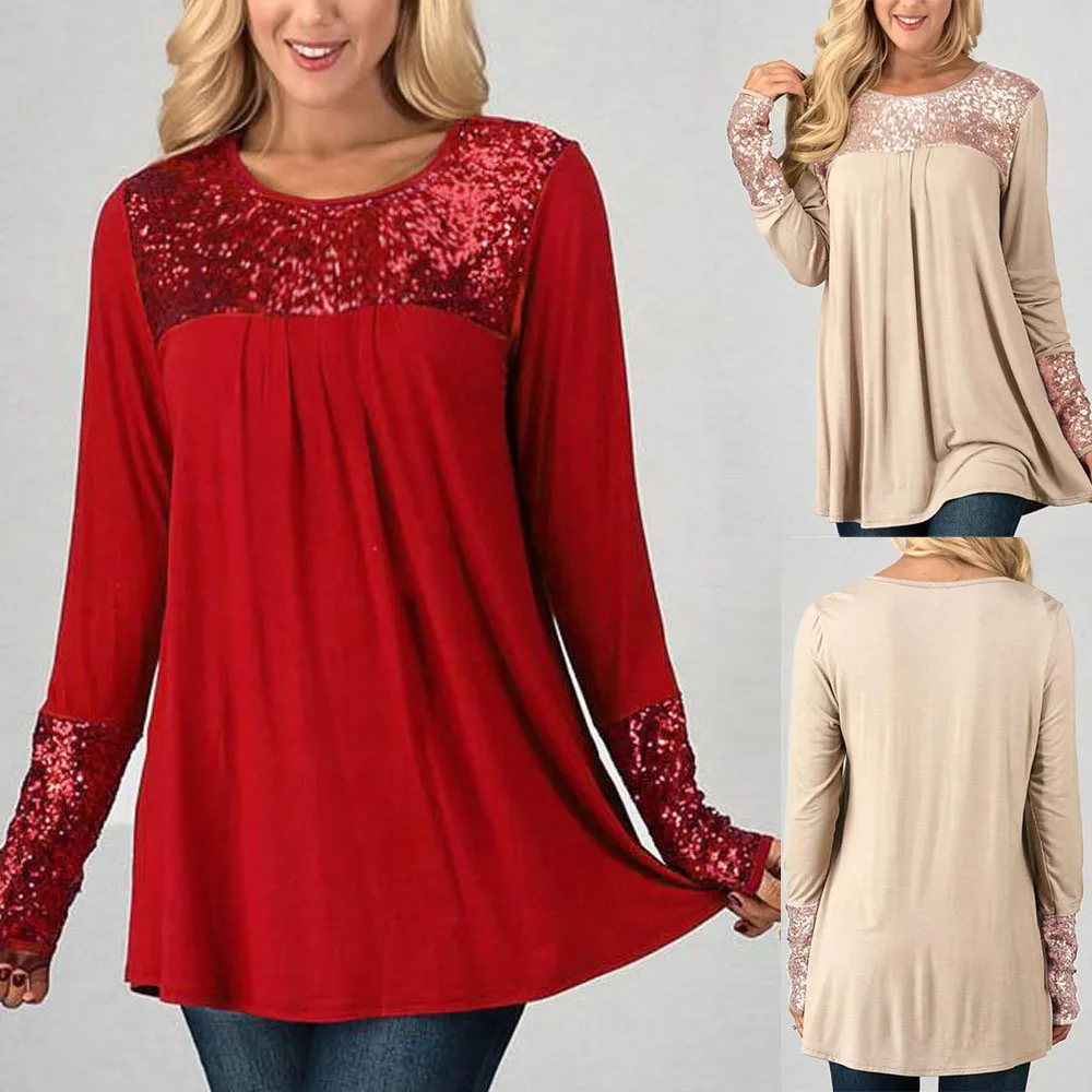 2108 Модные женские топы с блестками с длинным рукавом и круглым вырезом, Повседневный пуловер, рубашка