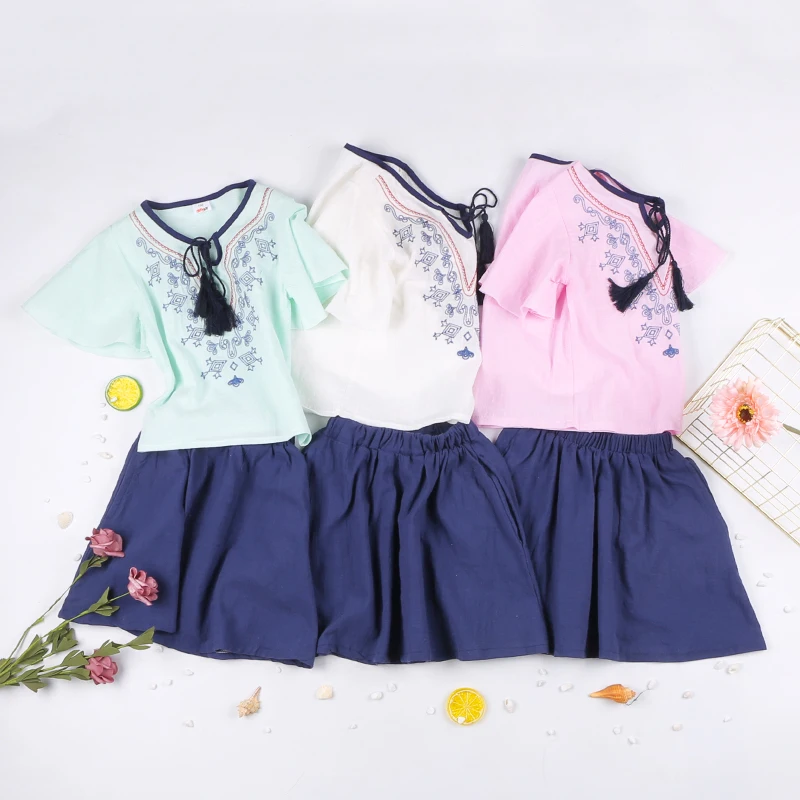 

High Quality 2019 New Summer Chinese Style Girls Summer Short Sleeve T-Shirt Short Skirt 3-7Y Two-Piece Set.