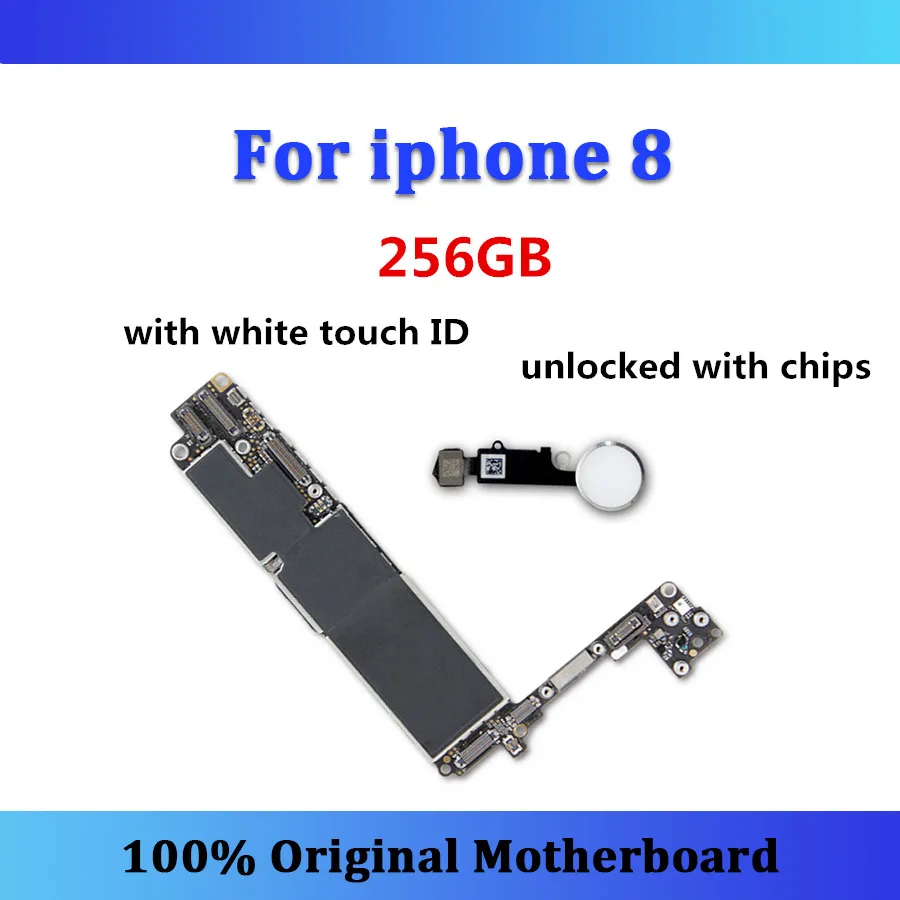 

For iphone 8 motherboard with white touch ID 256GB Original logic board unlocked with chips updated IOS mainboard No iCloud card