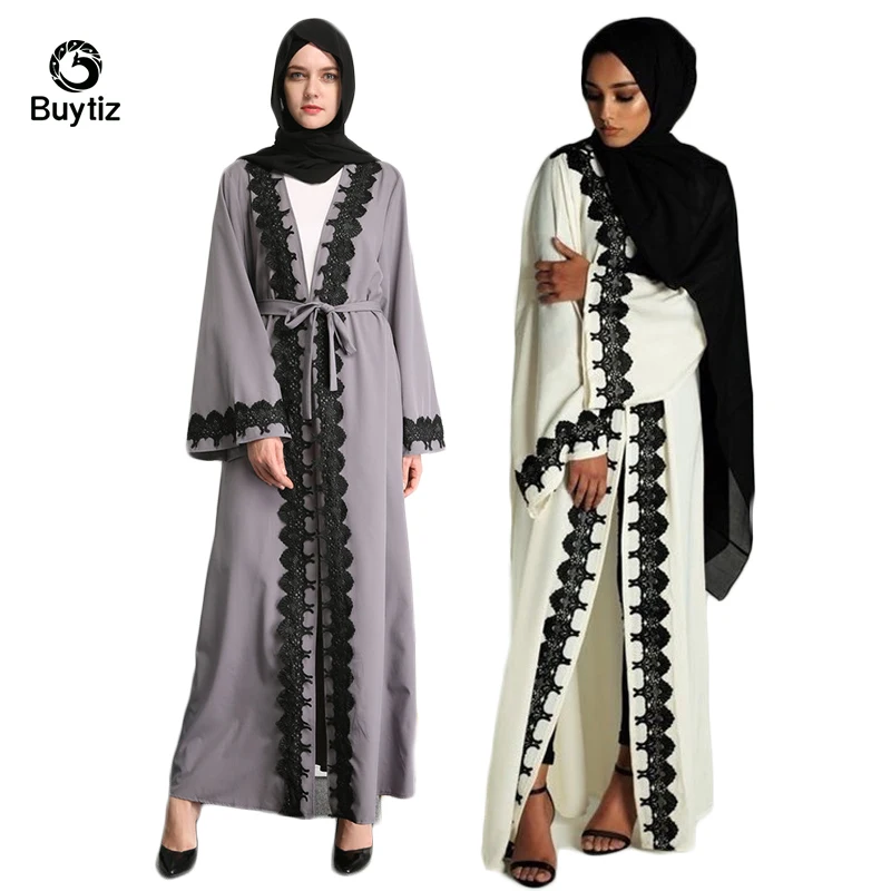 Buytiz серо-бежевый кружева сетки мусульманские одежда женщин мусульманских стран креп-шифон платье кардиганы с поясом длинный халат Женское