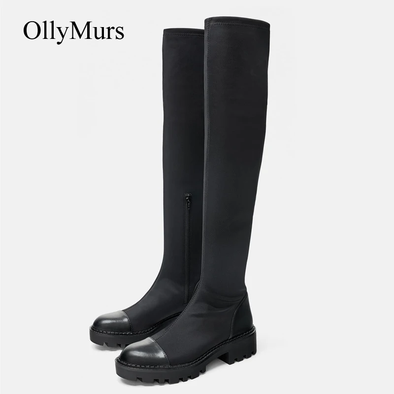 Otoño Patchwork De Chaussure Alta Nueva Negro Elasticidad la Mujer Calzado Mucho Dama Botas Marca Zapatos Rodilla w4d00qI