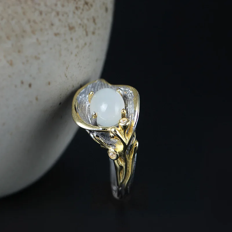 Calla Lily moonlight stone ring 100% Sterling 925 silver Jewelry Vintage Adjustable rings for women gift