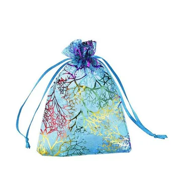 オンライン 50 ピース/ロット 7 × 9 9 × 12 10 × 15 センチオーガンザバッグ青白サンゴパターン結婚式の宝石類ギフトバッグ巾着包装袋ポーチ