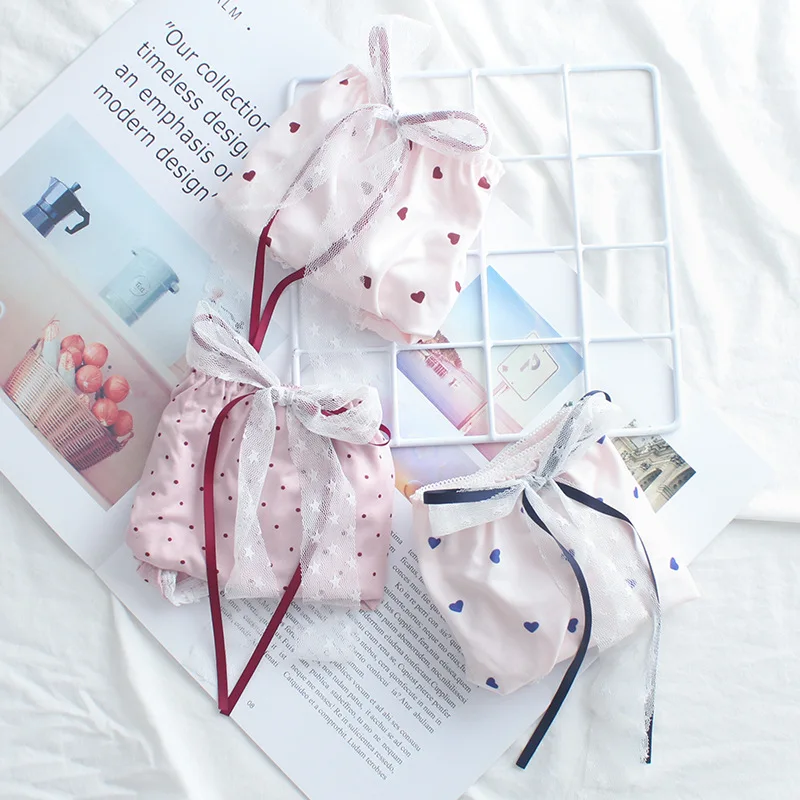 

HUI GUAN Delicate Sweet Style Cute Bow Print Women Underwear Panties Kawaii Soft Breathable Candy Color Ruffles Female Lingerie