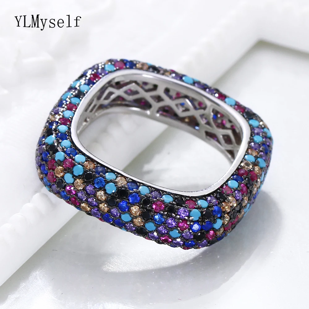 

Real sterling silver square ring new Gorgeous multi color trendy jewellery crystal luxury jewelry 925 silver unique design rings