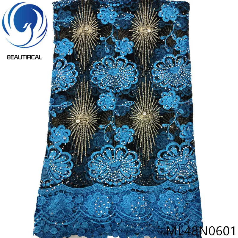 

Beautifical nigerian lace fabrids sky blue embroidery net lace with stones Latest style french lace chemical lace 5yards ML48N06