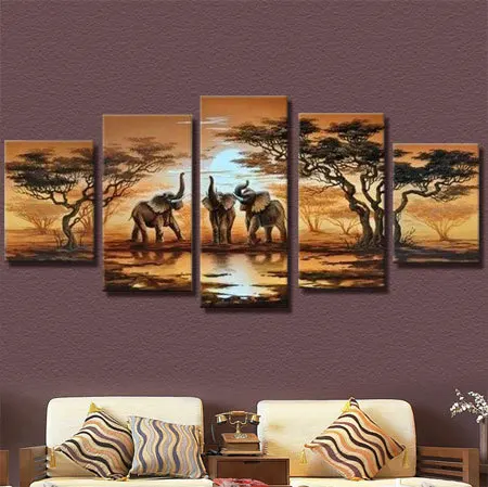 

5 Panel Modern Hand Painted African Safari Landscape Oil Painting Elephant Forest Scenery Picture Cuadros Canvas Unframed XY021