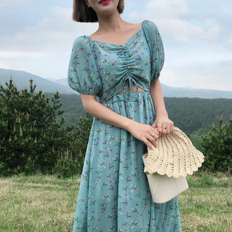 

Hollow Out Show Belly Sexy Chiffon Dress Princess Puff Sleeve Long Dress String Up Robe Longue Vestido Largo Vestiti Lunga