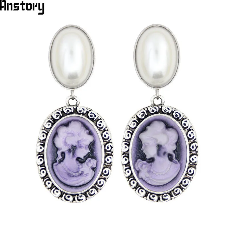 Oval Pearl Earrings Stud For Women Lady Queen Cameo Stud Vintage Look Antique Silver Plated Fashion Jewelry TE492 - Окраска металла: Purple