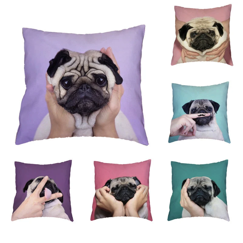 

Hand And Puppy Avatar Cushion Cover Polyester Peach Skin Simple Background Cute Naughty Pug Personality Style Pillow Decoration