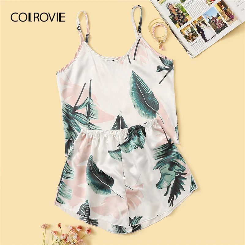 

COLROVIE Tropical Print Satin Cami Top And Shorts Women Sexy Pajama Set 2019 Summer Sleeveless Casual Nightgown Female Sleepwear