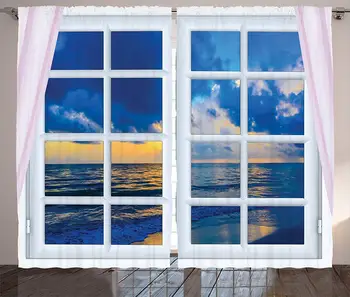 

House Curtains SunSet on The Sea Scenery from Window Open Curtains Horizon Silence Relax Artprint Living Room Bedroom 2 Panel