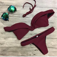 Женский купальник винный красный купальник с открытыми плечами женский купальник бикини на подкладке; Бразильский бикини сексуальные купальные костюмы