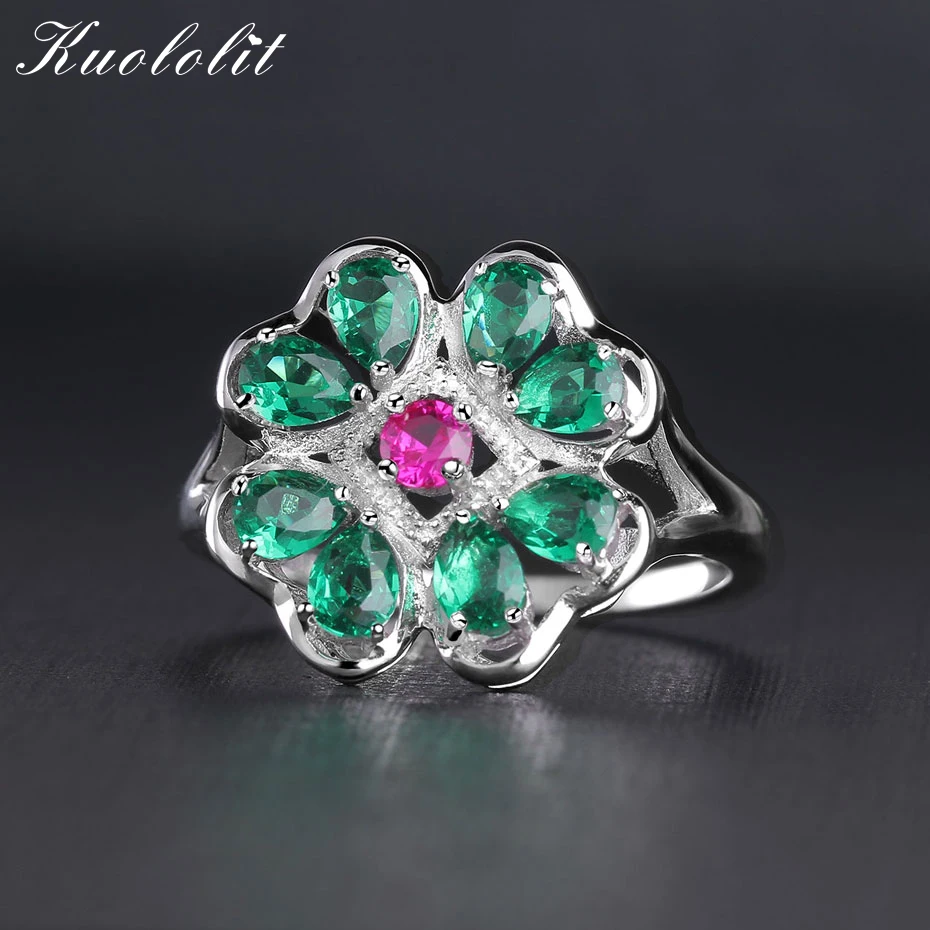 

Kuololit Green Emerald Ruby Rings For Women Solid Genuine 925 Sterling Silver Ring Female Vintage Gemstone Fine Jewelry Gift