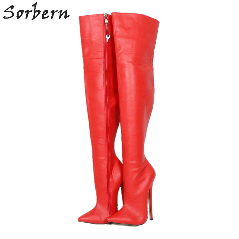 

Sorbern Red Matte Lockable Zipper Over The Knee Boots For Women 18Cm Stilettos Mid Thigh High Ladies Boot Pointed Toe Custom