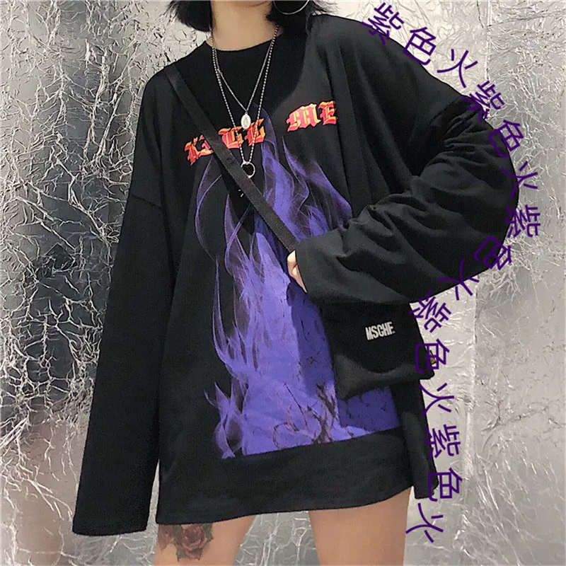

Dark Girl Harajuku Flame Bottoming Shirt Women Spring Summer Black T Shirt O Neck Long Sleeve Loose Casual Shirt Tee Chic Tops