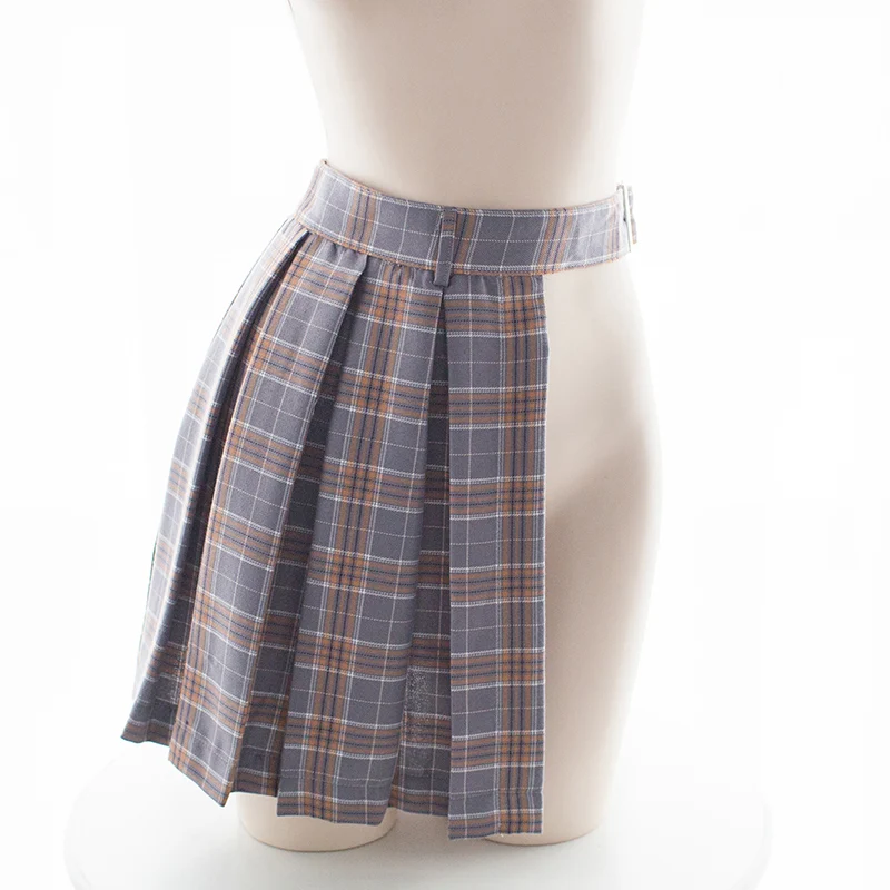 Grey Skirt Юбки Харадзюку, Женская клетчатая мини плиссированная юбка, элегантный дизайн, высокая талия, шикарная Пряжка, разрез, Милая юбка, асимметричный дизайн, уличная одежда - Цвет: Grey Skirt