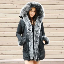 CX-G-A-253 Для женщин длинные Стиль большой Лисий меховой воротник капюшон пуховик пальто роскошный мех пальто