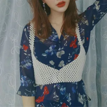

Korean Handmade Simulated Pearl Vest Hollow Out Sleeveless Tank Top Streetwear Beading Vests Crop Top