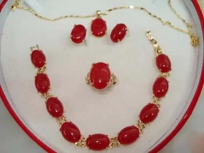 

wholesale nice red jade 18kgp pendant bracelet stud earring & ring (#7.8.9) jewelry set