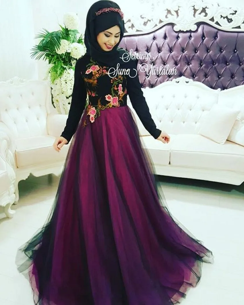 Elegant Black font b hijab b font Muslim Caftan Evening Dress With Long Sleeves embroidered High