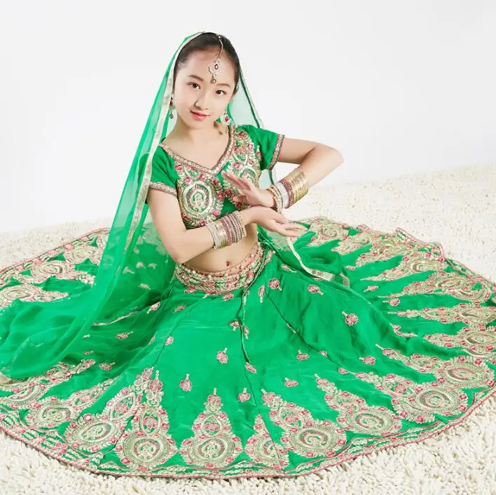 

Sarees India Traditional Children Costume Ethnic Style Performance Girl Dance Green Suits top+skirt+scarf+pants