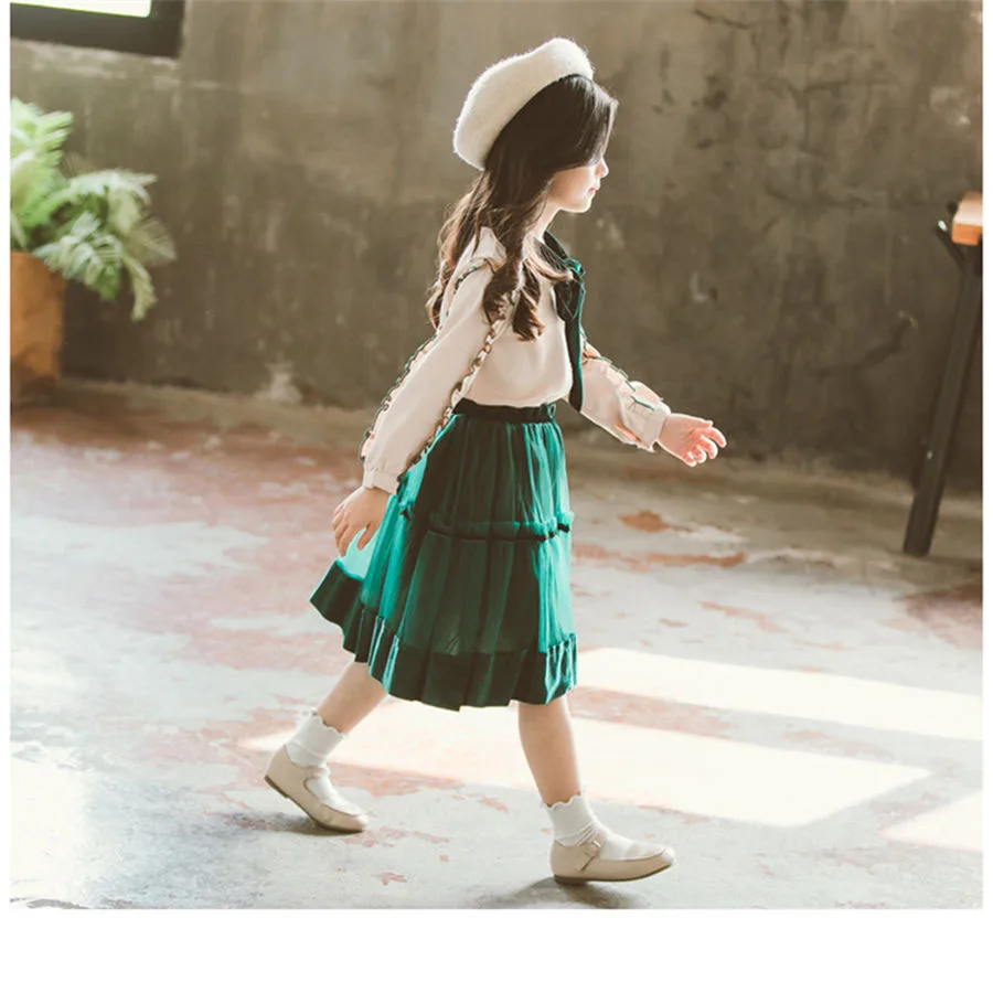 Весенний костюм для девочек 10, 11, 12 лет, модная шифоновая блуза с рюшами для принцессы+ юбка-пачка детский осенний комплект одежды для девочек-подростков