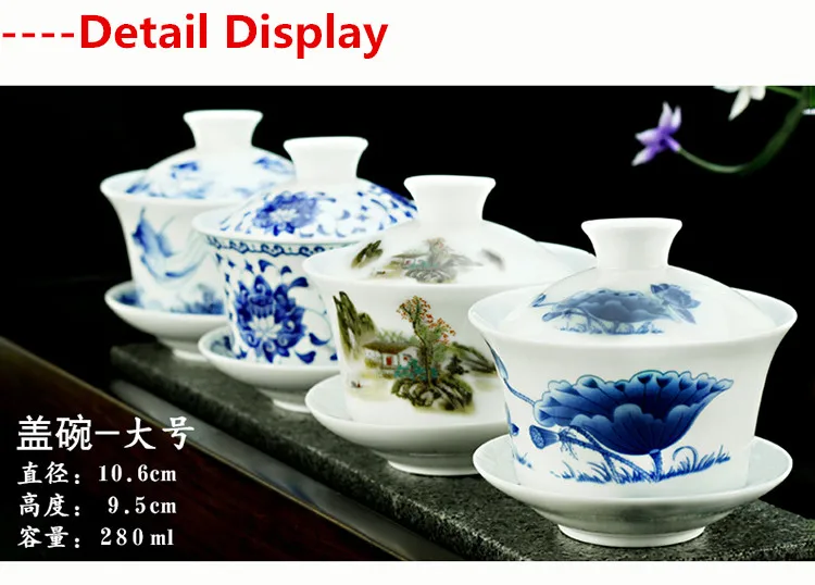 Китайский чайный сервиз Gaiwan, кунг-фу, белый керамический гайвань, голубой и белый фарфор, чайная посуда, супница, сансай, чайная чашка для пуэр