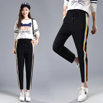 

2017 Chic Loose Casual Sweatpants Rainbow Side Striped Printed Pants Ladies Leggings Esportivos Joggers Sweat Pantalons LG108