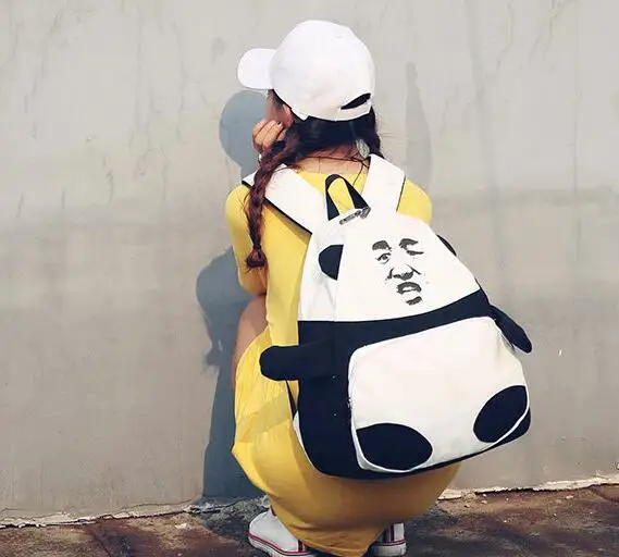 

Funny Panda Emoji Print Ear Zipper Cute Korean Japanese Teenage Schoolbag College Student Backpack Back Pack Shoulder Bag Lolita