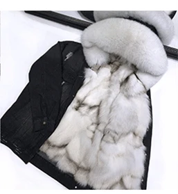 black coat white fur Зимняя куртка, пальто, женская белая джинсовая куртка, настоящий большой воротник из лисьего меха, с капюшоном, с подкладкой из кроличьего меха, свободная куртка, корейский бренд - Цвет: black coat white fur