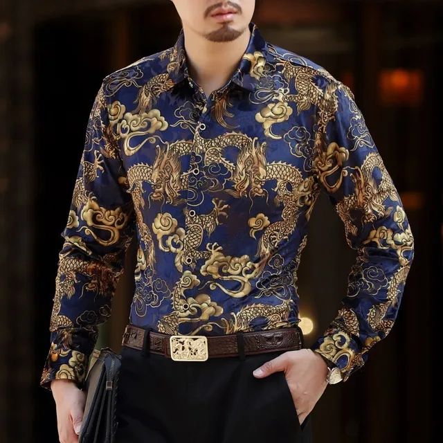 3 Color Dragon Print Shirt Men Long Sleeev Button Down Velvet Shirt Men ...