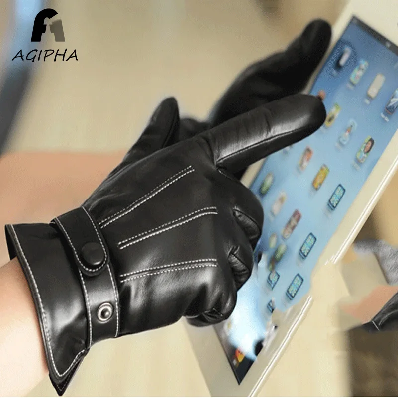

Men Leather Gloves Black Touch Screen Mittens Winter Thickened Quality Ultra Supple Lining Glove 2017 New Design Type R001