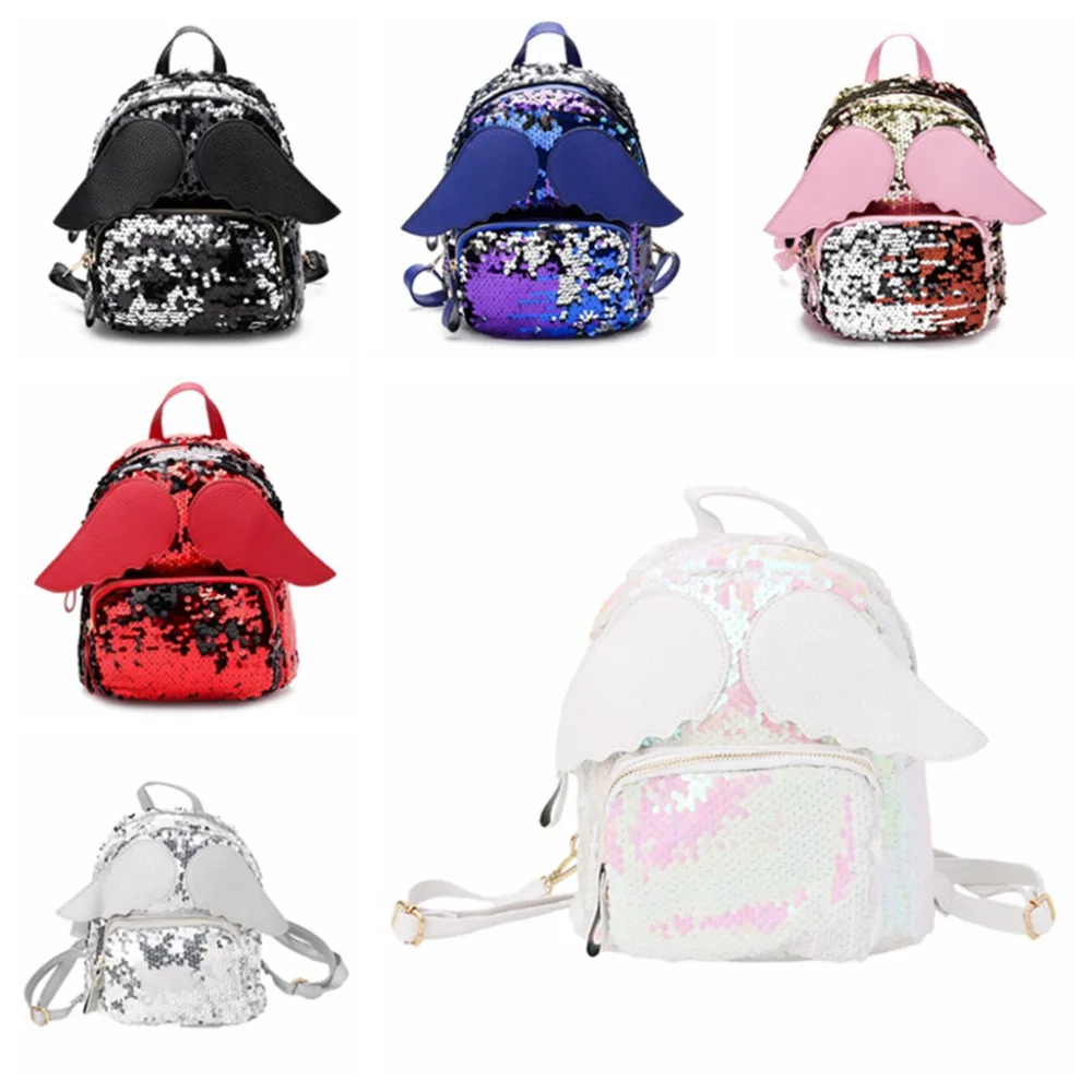 

Women Girls Glitter Sequins Backpack Schoolbag Shoulder Bag with Angel Wings