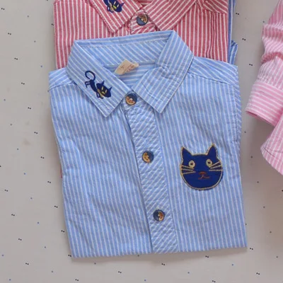 Детская одежда для маленьких мальчиков, футболки с длинными рукавами для маленьких мальчиков; хлопковые топы; сезон весна-осень; вышивка мультяшного кота для детей для маленьких детей Костюмы - Цвет: light blue Cat