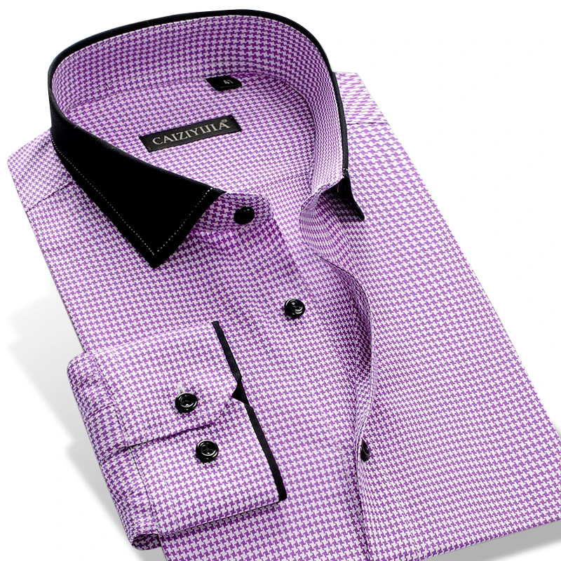 

Men's Stylish Long Sleeve Checkered Plaid Dress Shirt with Patchwork Collar Smart Casual Slim-fit Pure Cotton Button Down Shirts