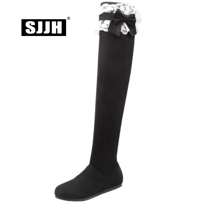 

SJJH Women Flock Long Riding Boots with Round Toe Flat Lace Short Plush Over-the-Knee Boots Autumn Fashion Shoes Large Size A982