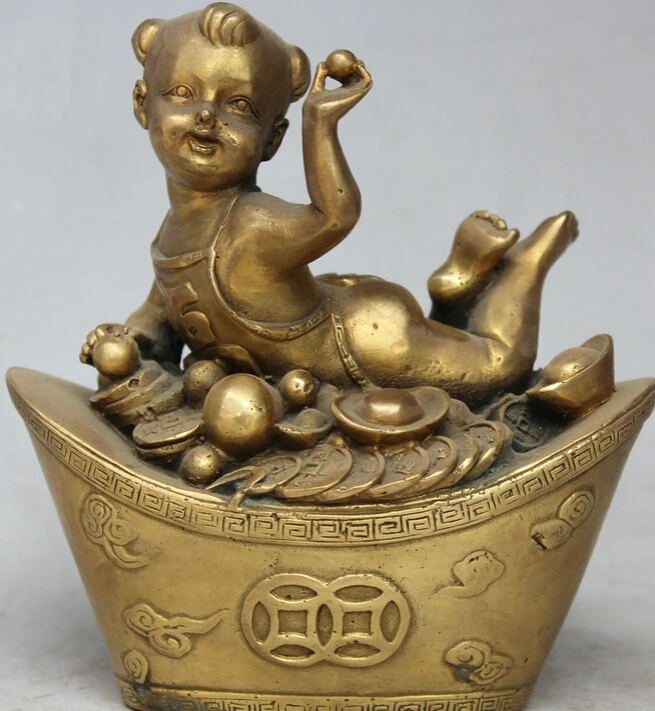 

6" Chinese Folk Brass FengShui TongZi Boy Wealth Money YuanBao Statue Sculpture S0705