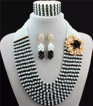 

Nigerian Wedding African Beads Jewelry Set Black White Mix Color Costume Crystal Beads Necklace Jewelry Set Free Shipping