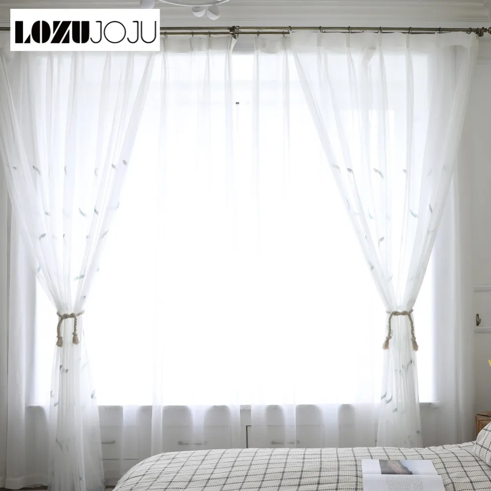 

LOZUJOJU Feather Pattern Embroidery Sheer Curtains Simple Style Drops for Living Room Home Decor Tulle White All Match