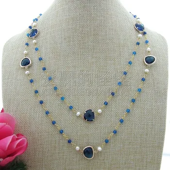 

N101810 44" White Freshwater Pearl Blue Glass Necklace